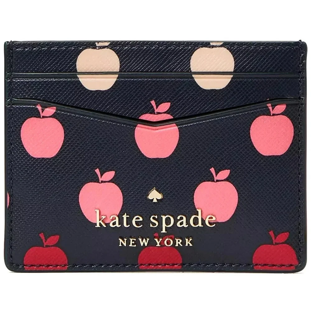 Kate Spade Navy Card Holder with Pink and Red Apples - Picture 1 of 4
